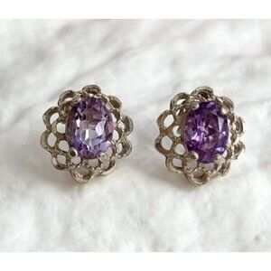 Amethyst Oval Cut Filigree Designer Stud Sterling Silver 925 Stud Earrings
